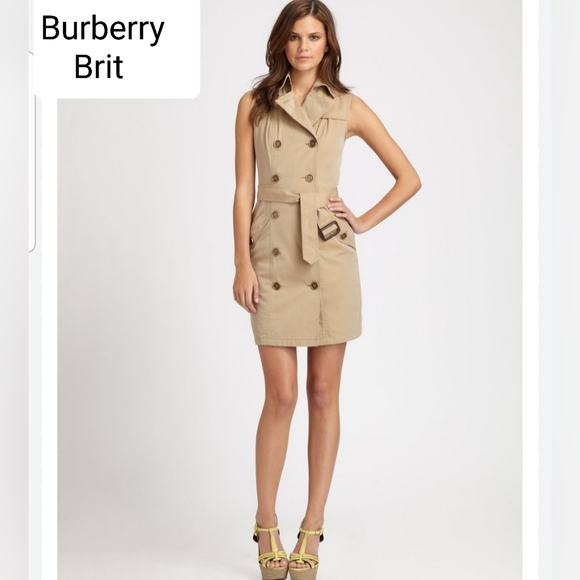 Burberry Brit Beige Gabardine Sleeveless Belted Trench Coat dress